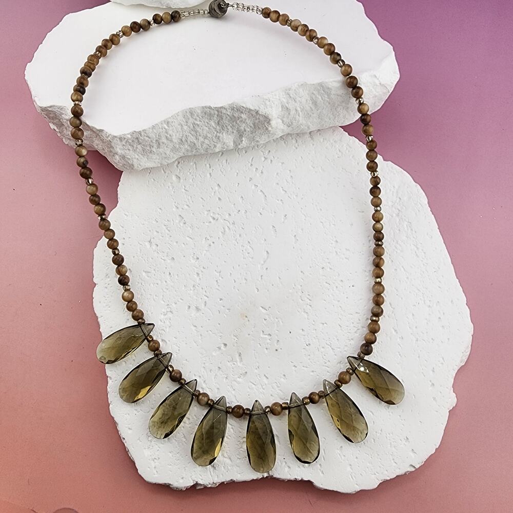 Vintage Smoky Brown Faceted Teardrop Bead Necklace Barrel Clasp Statement